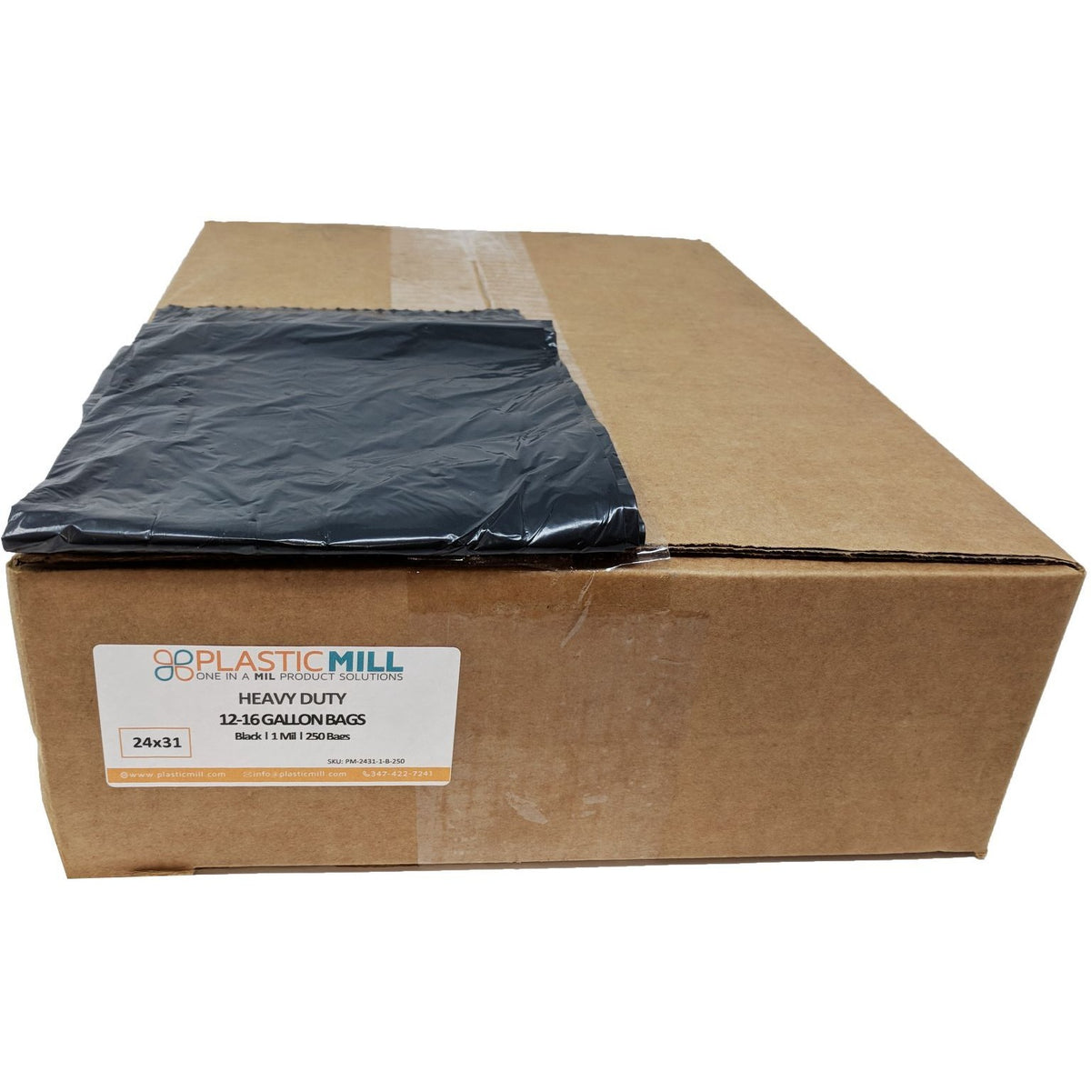 PlasticMill 12-16 Gallon, Black, 1 mil, 24x31, 250 Bags/Case, Garbage Bags / Trash Can