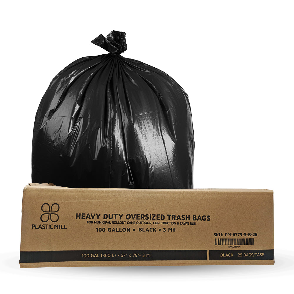PlasticMill 64 Gallon Garbage Bags: Black, 2 Mil, 50x60, 40 Bags.