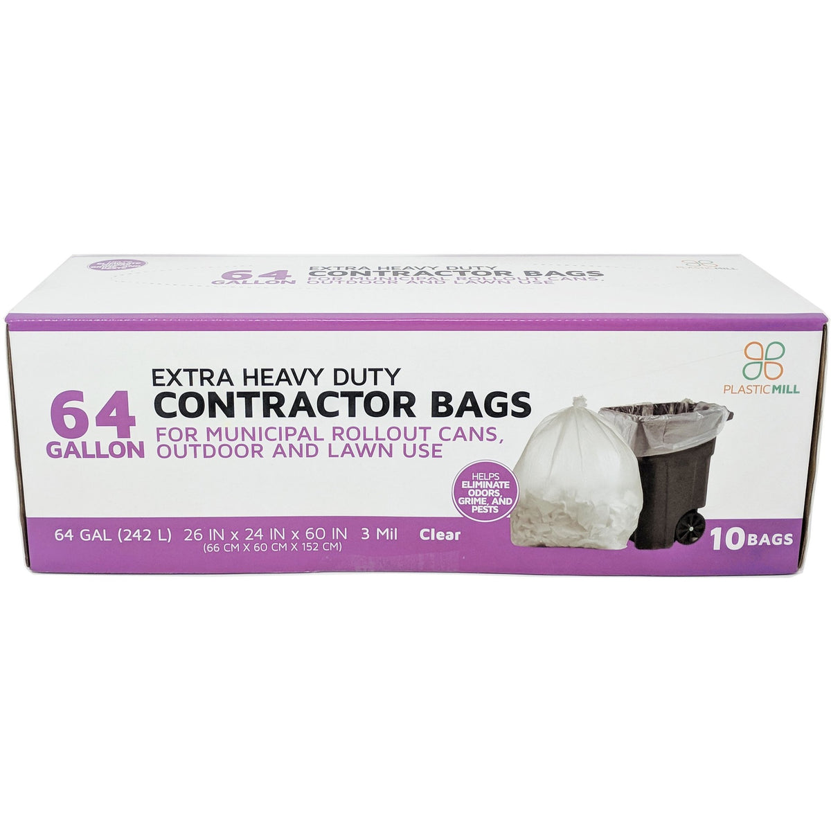 PlasticMill 95 Gallon Contractor Bags: Black, 3 mil, 61x68, 10 Bags.