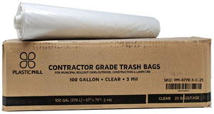 100 Gallon Contractor Bags: Clear, 3 Mil, 67x79, 25 Bags/Case.