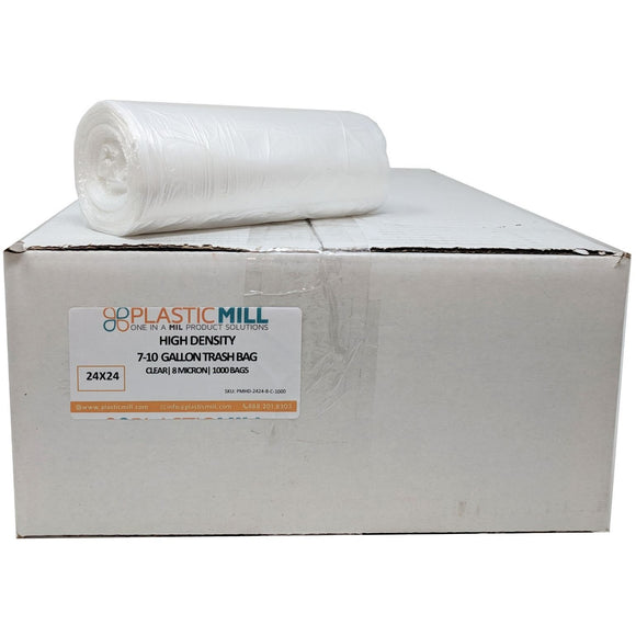 PlasticMill 12-16 Gallon Garbage Bags, High Density: Clear, 8 Micron, 24x33, 1000 Bags.