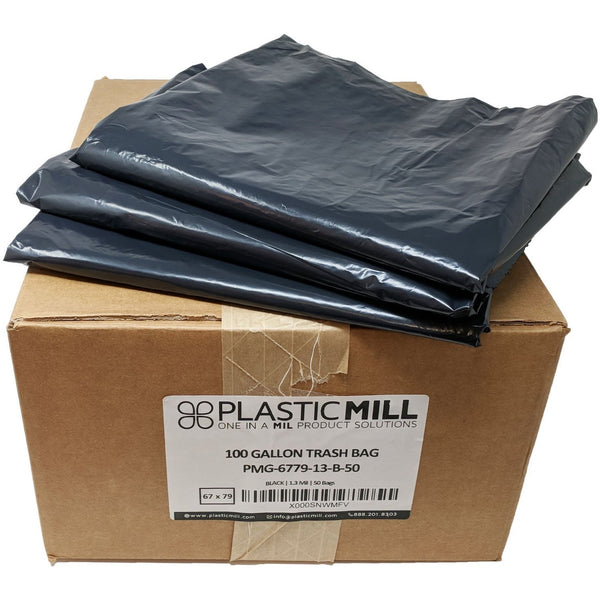 PlasticMill 95 Gallon Garbage Bags: Black, 1.5 mil, 61x68, 10 Bags.