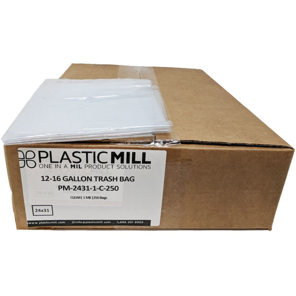 PlasticMill 12-16 Gallon Garbage Bags, High Density: Clear, 8 Micron, 24x33, 1000 Bags.