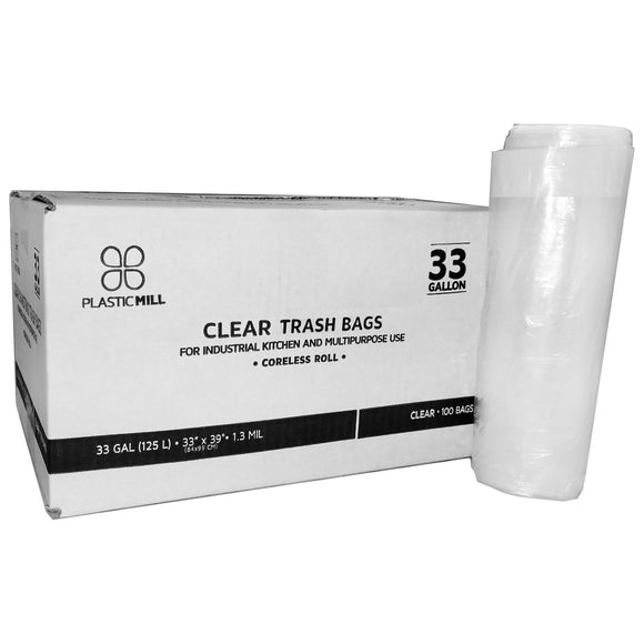 PlasticMill 100 Gallon Garbage Bags: Clear, 1.3 mil, 67x79, 10 Bags.