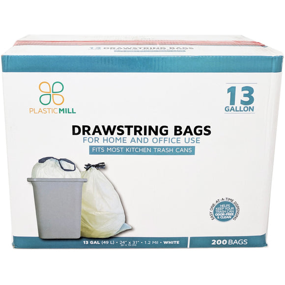 Reliable1st Code M 200 Count 12 Gallon 45 Liter Trash Bags with Reinforced Drawstring and 1.2 Mil Thick Heavy Duty Quality | White Drawstring Garbage